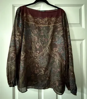 Lauren Ralph Lauren Burgundy Paisley Floral Sheer Blouse Top XL Extra Large thumbnail 1