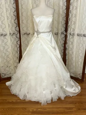 Beautiful David’s Bridal Strapless Satin & Organza Ruffle Wedding Gown thumbnail 2