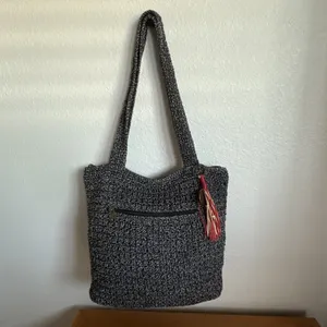 The Sak Lanie Market Tote Purse Crocheted Shoulder Bag Black Brown 14"x12" thumbnail 4