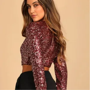 Lulus Prize-Winner Sequin Long Sleeve Crop Top Women's‎ Medium Burgundy Holiday thumbnail 3
