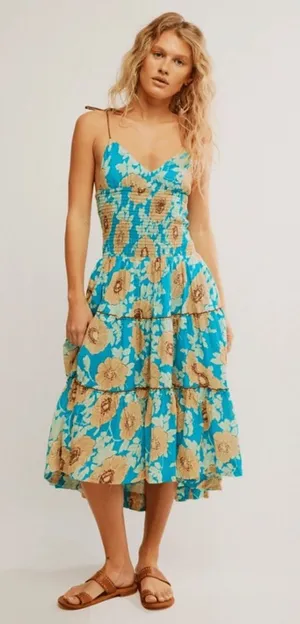 NWT Free People Adriel Hawaiian Ocean Combo Blue Floral‎ Boho Tiered Midi Dress thumbnail 1