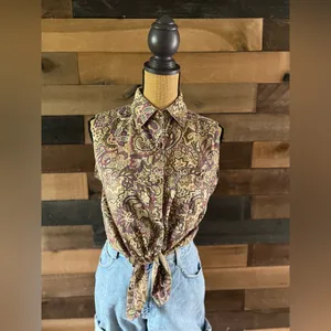Vintage Haley Purple & Brown Paisley Floral Button Up Sleeveless Top Size Medium thumbnail 4