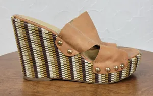 Nine West Womens Jaimy Sandals 7 Tan Leather Open Toe Cork Platform Wedge Heels thumbnail 1