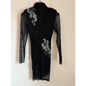 Cinq a Sept Studded Dress Womens 4 Black Mesh Mock Neck Ruched Long Sleeve thumbnail 3