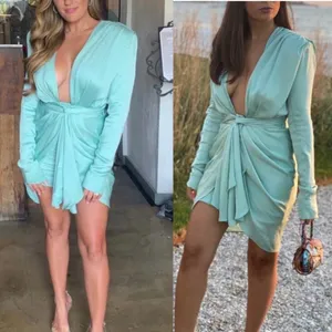 House of CB Pascale Aqua Draped Plunge Satin Mini Dress Womens Size M Mint Green thumbnail 9
