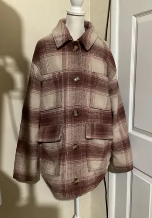 American Eagle Womens Plaid Sherpa Lined Shacket Burgundy Cream Wool Blend Large thumbnail 1
