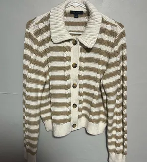 Ann Taylor Beige and White Striped Cardigan thumbnail 1