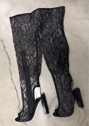 Bamboo Black Floral Lace Thigh High Peep Toe Block Heel Boots Size 7 EU 37 thumbnail 1