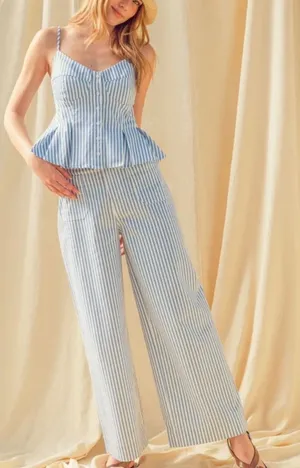 Miou Muse Blue White Striped High Rise Wide Leg Pants New Size Medium thumbnail 1