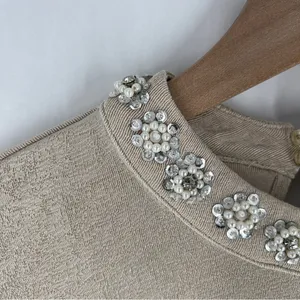 Endless Rose Metallic Gold Stretch Jersey‎ Liquid Knit Embellished Neck Top M thumbnail 3