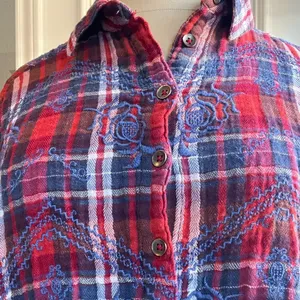 Free People XS Plaid Embroidered Button-Up Shirt Red/Blue Long Sleeve Cotton thumbnail 7