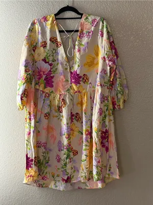 H&M XL Floral Babydoll Mini Dress Puff Sleeve V Neck Tie Back Cottagecore Pretty thumbnail 6