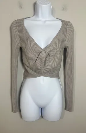 Abercrombie & Fitch Taupe Ribbed Twist Front Long Sleeve Crop Top Small thumbnail 1