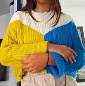 Sincerely Jules Blue Green Cream Long Sleeve Oversized Chunky Knit Sweater Large thumbnail 1