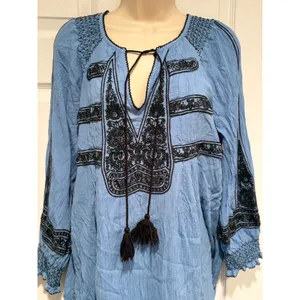 Free People Blue Embroidered Tunic Top‎ S Boho Peasant Tassel Mini Dress Blouse thumbnail 2
