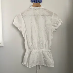 Y2K XS White‎ Sheer Drawstring Button Up Blouse V Neck Puff Short Sleeve Office thumbnail 3