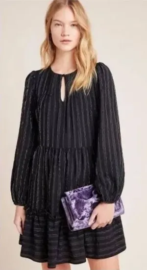 ANTHROPOLOGIE Black Metallic Long Sleeve Pippa Tiered Tunic Dress Medium thumbnail 1