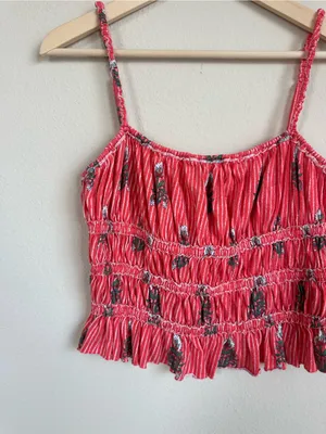 Free People Dolce Vita Red Floral Block Print Ruched Top thumbnail 4