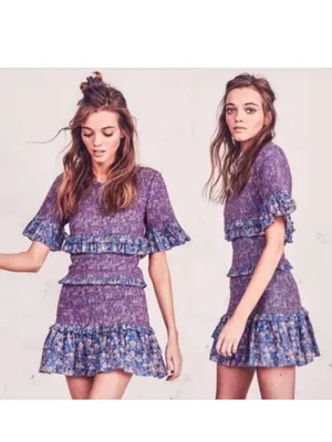 LoveShackFancy Aveline Pink Floral Ruched Ruffle Mini Dress thumbnail 2