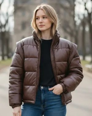 NWT We Wore What Snap-Off Sleeve Faux Leather Puffer Jacket Chocolate Brown XS thumbnail 1