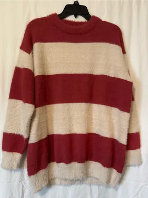 First Love by Lovelyn Fuzzy Striped Sweater – Women’s Small Red & Cream thumbnail 1