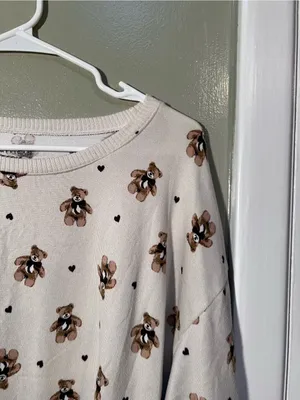 American Eagle Women’s Size Large Lounge Sweatshirt Beige Teddy Bear Print Heart thumbnail 7