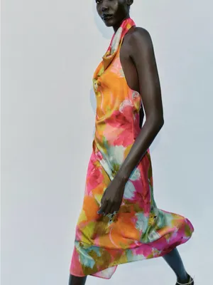 ZARA Floral Halter Midi Dress in Pink and Yellow thumbnail 5