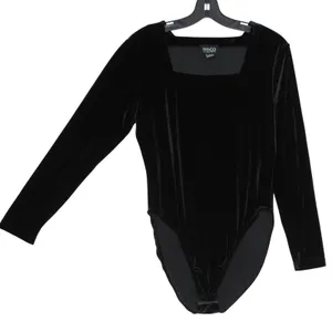 Velvet Bodysuit Whimsigoth Witchy Y2K Minimalist Ballet Square Neck Black Large thumbnail 6