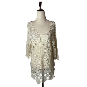 QED London Crochet Sweater Women Small Ivory Sheer Medallion Boho Coverup Hippie thumbnail 2