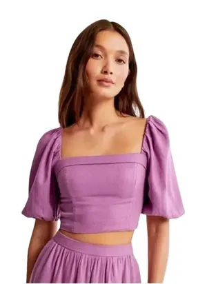 Abercrombie & fitch linen blend puff sleeve crop top Medium thumbnail 1