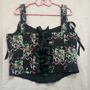 Dolls Kill Widow Floral Black and Pink Bow Corset Top thumbnail 3