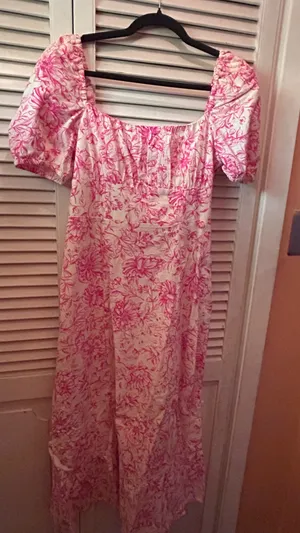 London Times Pink Floral Midi Dress – Puff Sleeves thumbnail 3