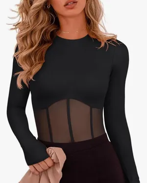 REORIA Women's Trendy Sexy Crew Neck Thumbholes Long Sleeve Sheer Mesh Bodysuit thumbnail 1