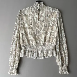 Lucy Paris‎ Snakeskin MobWife Office Siren Smocked Peplum Blouse S Cream thumbnail 7