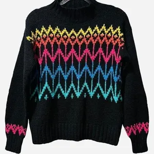 DEB Vintage 90s Retro Neon Fair Isle Mock‎ Neck Sweater Black Knit thumbnail 1