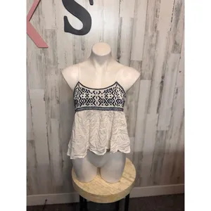 Sim & Sam Boho Embroidered Peplum Tank Top XS White Black Spaghetti Strap thumbnail 6