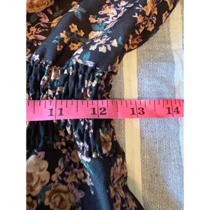 Floral Smocked Mock Neck Long Sleeve Mini Dress Black Brown Orange Medium Boho thumbnail 8