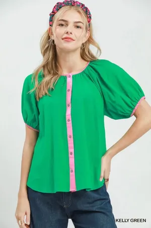 Umgee Contrast Trim Button Front Puff Sleeve Blouse - Kelly Green - Large thumbnail 1