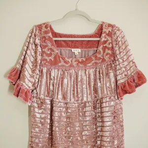 POL Size Small Pink Velvet Burnout Shirt Blouse Sequin Embroidered Ruffle Boho thumbnail 2