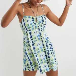 Aerie Floral Tie Dye Keyhole Mini Dress Blue Green Boho Smocked Size M thumbnail 1