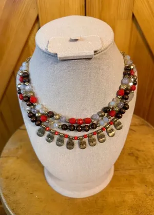 Three Layered Strand Red Brown Gold White Beaded Necklace 18" Gold Toned Chain ( thumbnail 1