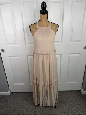 Listicle Size S Beige Ruffle Tiered Boho Maxi Dress Rayon Blend thumbnail 3