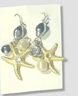 Vintage Under the Sea Dangle Earrings Starfish Embedded Rhinestones Gold/White thumbnail 1