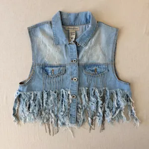 Spoon Jeans Denim Vest Women XL Blue Distressed Rhinestone Fringe Western Crop thumbnail 4