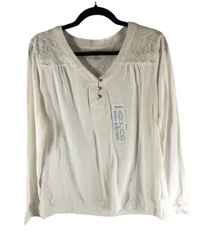 Eddie Bauer Womens Long Sleeve Lace Trim Henley Shirt Large 100% Cotton Ecru thumbnail 1