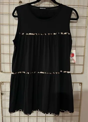 Heimish USA Black Leopard Trim Tiered Sleeveless Babydoll Tunic Top Size Medium thumbnail 1