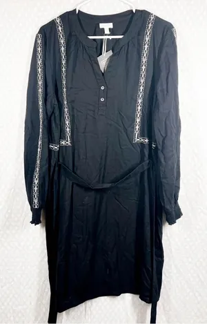 Garnet Hill NWT Black Embroidered Long Sleeve Tie Waist‎ Dress thumbnail 1
