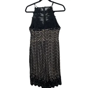 Nikibiki Lace‎ Chevron Mini Dress Womens Small Black Tan Halter High Neck D22947 thumbnail 5