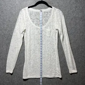 Y2K White Burnout Slub Knit Long Sleeve Top Sheer Scoop Neck‎ Pocket Size L thumbnail 3