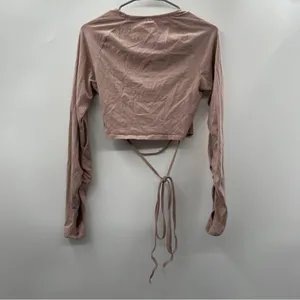 Gymshark Pink Beige Cropped Ruched Tie Up Ribbon Long Sleeve Top‎ Size M thumbnail 6